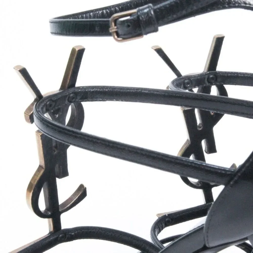 Saint Laurent Cassandra Sandals Black Leather Gold YSL Monogram Logo Heels 39